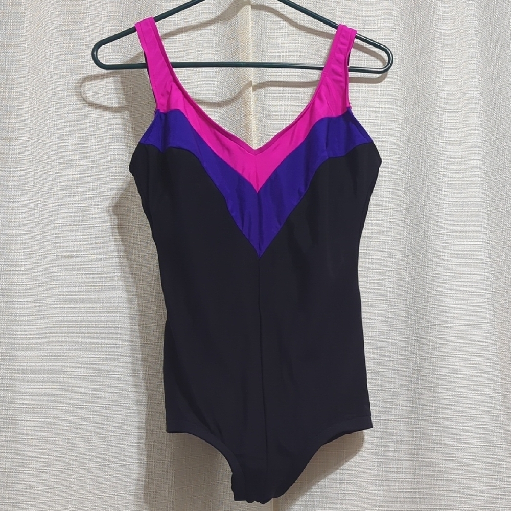 Vintage 80s Slim Allure Swimsuit One Piece Women's 14 V Neck Black Purple Pink